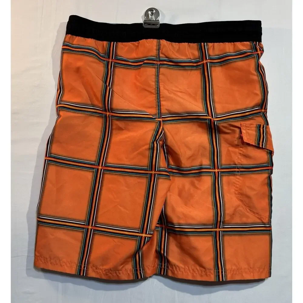OP Orange Plaid Board Shorts Youth L/G 10-12 Swim Trunks Surf Beach Pockets